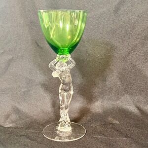 Vintage Cambridge‎ Glass Nude Stem Goblet Emerald Forest Green Banquet Art Deco